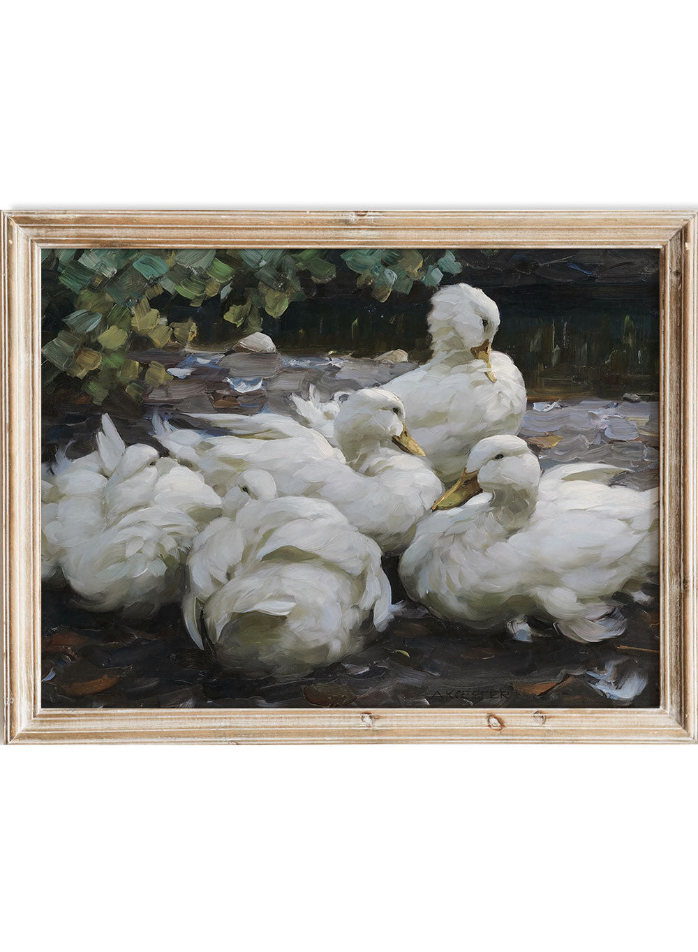 European Vintage Resting White Ducks by Pond Animal Portrait Painting Wall Art Print, Rustic Farmhouse Antique Nature Nursery Poster, Fünf ruhende weiße Enten - Alexander Koester