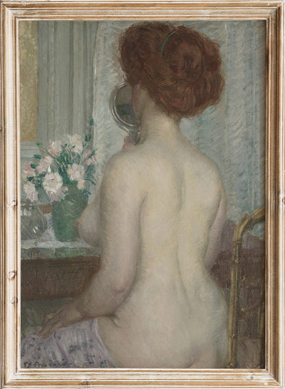 Frederick Carl Frieseke - Woman at a Dressing Table, Vintage Woman at the Mirror Wall Art Print | Antique Female Portrait Poster, Rustic Farmhouse Boudoir Painting, Girl Figure Decor