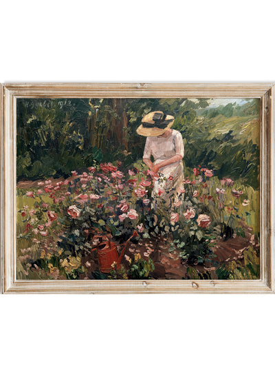 Hermann Goebel  - Rose Bed, Vintage Woman in Garden Wall Art Print | Floral Rose Flower Painting Poster, Moody Girl Portrait Decor, Antique Farmhouse Decor
