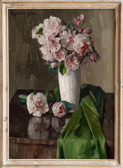 Hermann Goebel - Rosenstilleben (1912), Vintage Pink Roses Flower in Vase Still Life Wall Art Print | Moody Floral Painting, Antique Botanical Poster, Farmhouse Cottagecore