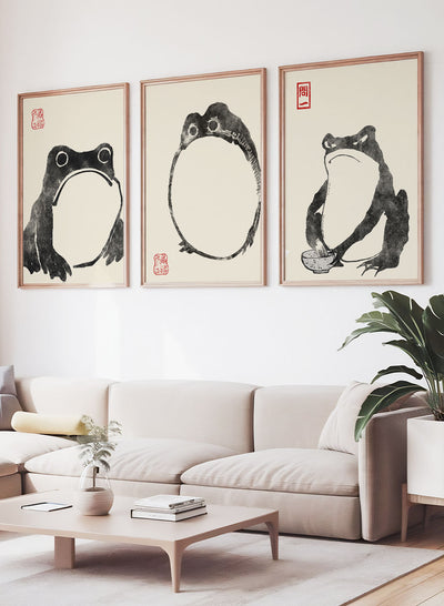 Japanese Frog Matsumoto Hoji Toad Set of 3 Woodblock Art Print | Japanese Art, Japanese Poster, Matsumoto Hoji 松本奉時 Frog Exhibition Poster