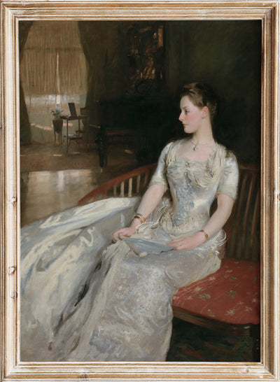 John Singer Sargent - Mrs. Cecil Wade , Vintage Woman in Silver Dress Portrait Painting Wall Art Print, Antique Sitting Elegant Lady Poster, Moody Farmhouse Cottagecore Decor