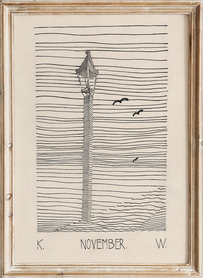 Karl Wiener - Lantern and Three Birds, Vintage Lantern and Birds Wall Art Print | Minimalist Black and Beige Line Drawing, Abstract Coastal Sketch Poster, Rustic Cottagecore