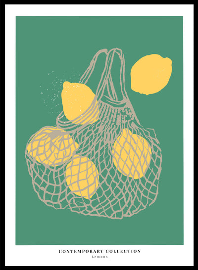 Lemons in Net Aesthetic Kitchen Wall Art Print | Colorful Fruit Market, Minimalistic Dining Room Art, Green Hand Drawn Illustration