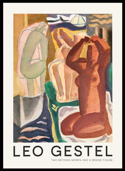 Leo Gestel - Two Bathing Women and a Bridge Figure, Vintage Bathing Women Bridge Figurative Wall Art Print | Leo Gestel Abstract Portrait Figure Study, Antique Moody Colorful Painting