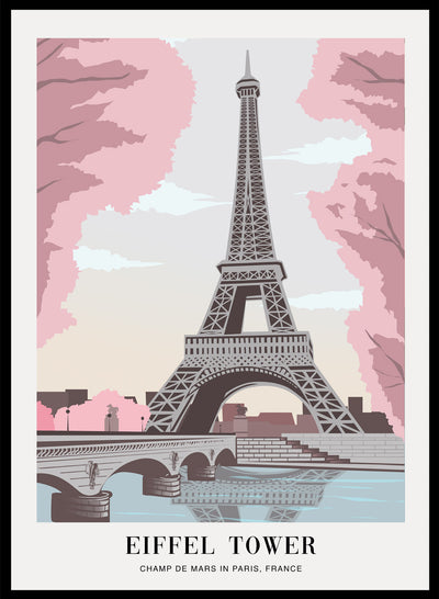 Cherry Blossoms with Eiffel Tower in Paris France Colorful Boho Art Print | Architecture Illustration, Flowers Print, Travel Poster
