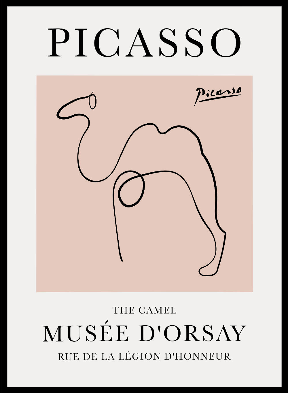 Featuring Pablo Picasso's Artwork The Camel (Esquisse D'un Chameau), this signed serigraph wall art print showcases outline of a camel sketch line drawing against colorful background. Featuring abstract one line art, this vintage exhibition poster from Musée d'Orsay is perfect for any boho, retro, minimalist space.