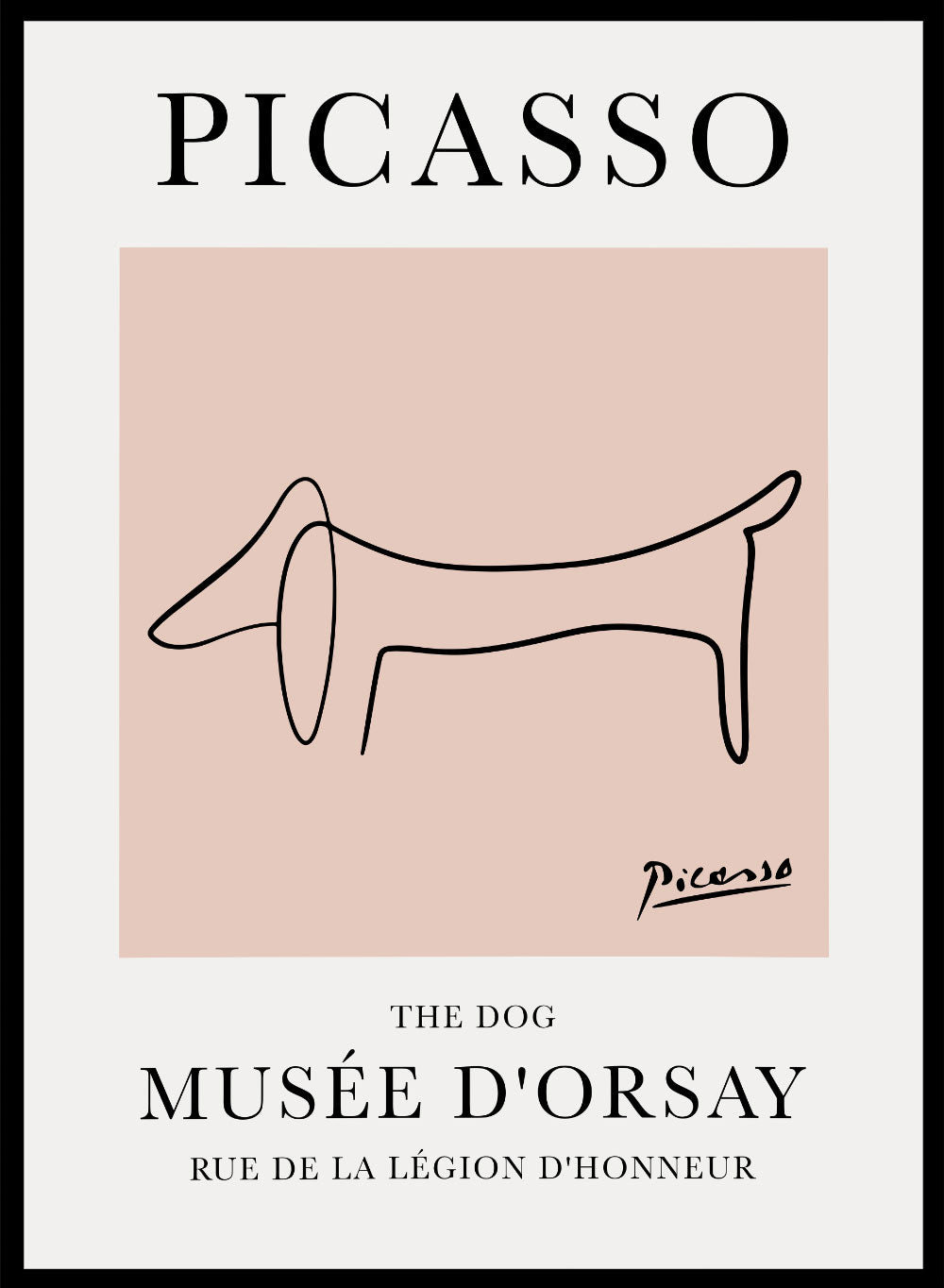 Featuring Pablo Picasso's Artwork The Dog (Esquisse D'un Chien), this signed serigraph wall art print showcases outline of a dog sketch line drawing against colorful background. Featuring abstract one line lithograph art, this vintage exhibition poster from Musée d'Orsay is perfect for any boho, retro, minimalst space.