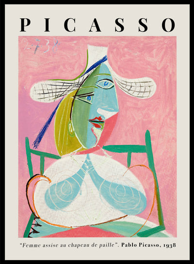 Pablo Picasso Femme Assise au Chapeau de Paille Pink Abstract Cubism Painting Vintage Poster Wall Art Print | Seated Woman Straw Hat