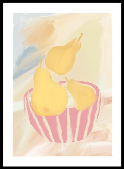 Striped Bowl with Pears Wall Art Print | Hand Drawn Fruit Illustration, Contemporary Modern Kitchen Still Life Spring Summer Poster