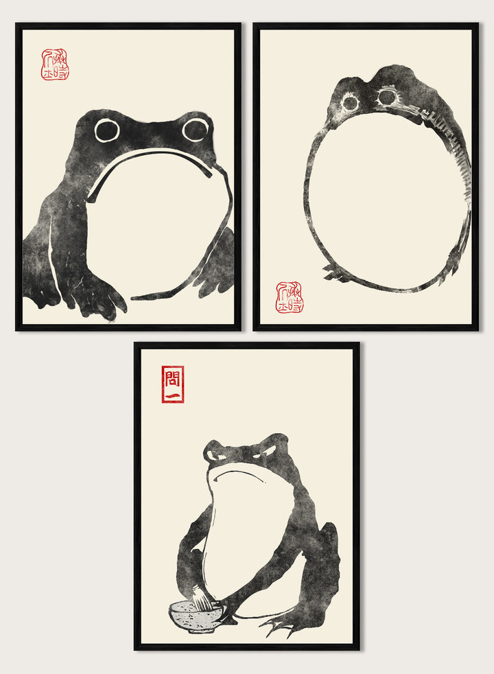 Matsumoto Hoji Japanese Frogs (Black) Set of 3 Art Prints