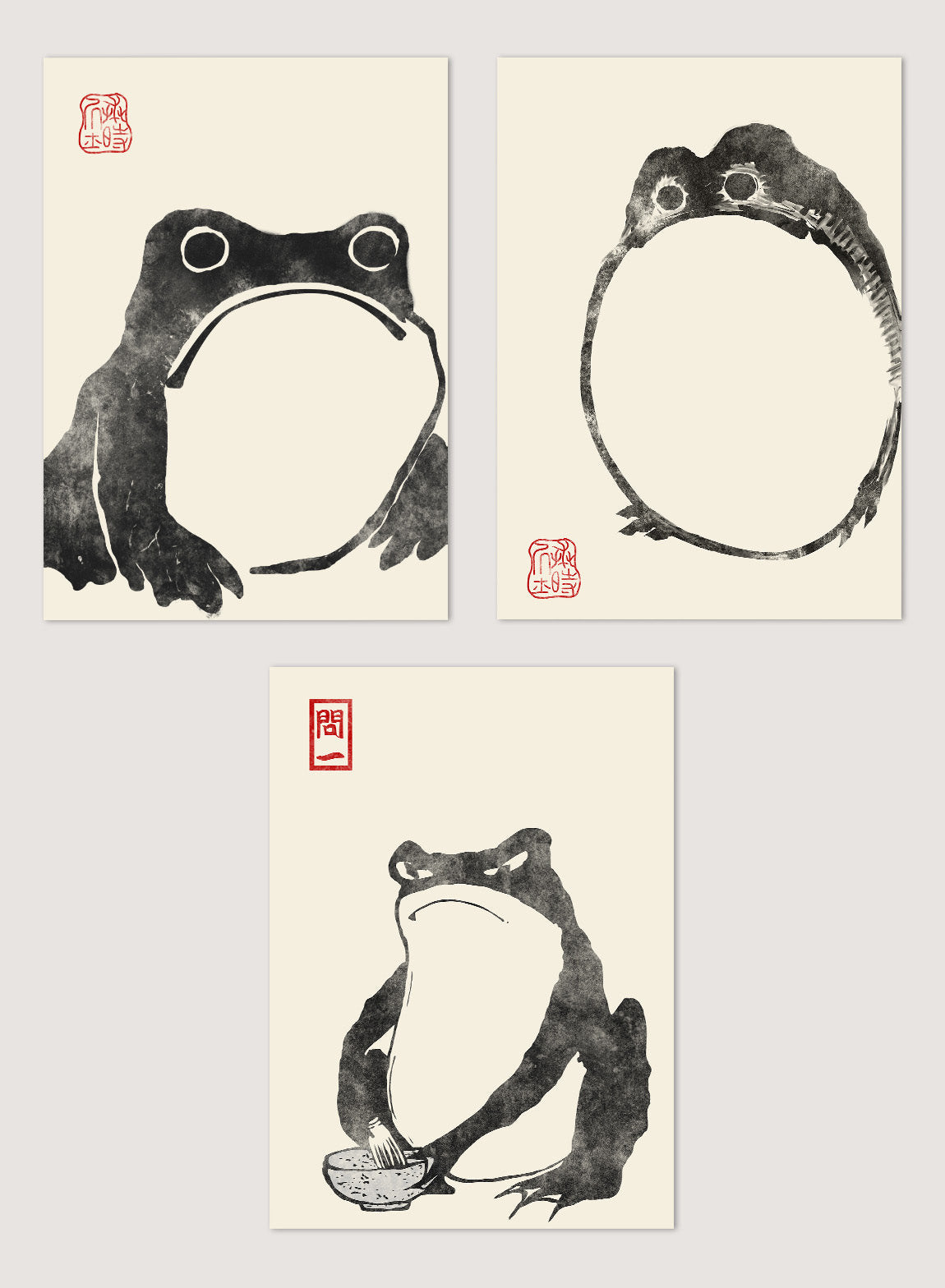 リンゴジケン / Handmade ART Japanese Frog Matsumoto Hoji 松本奉時 Toad Set of 3 Woodblock Art