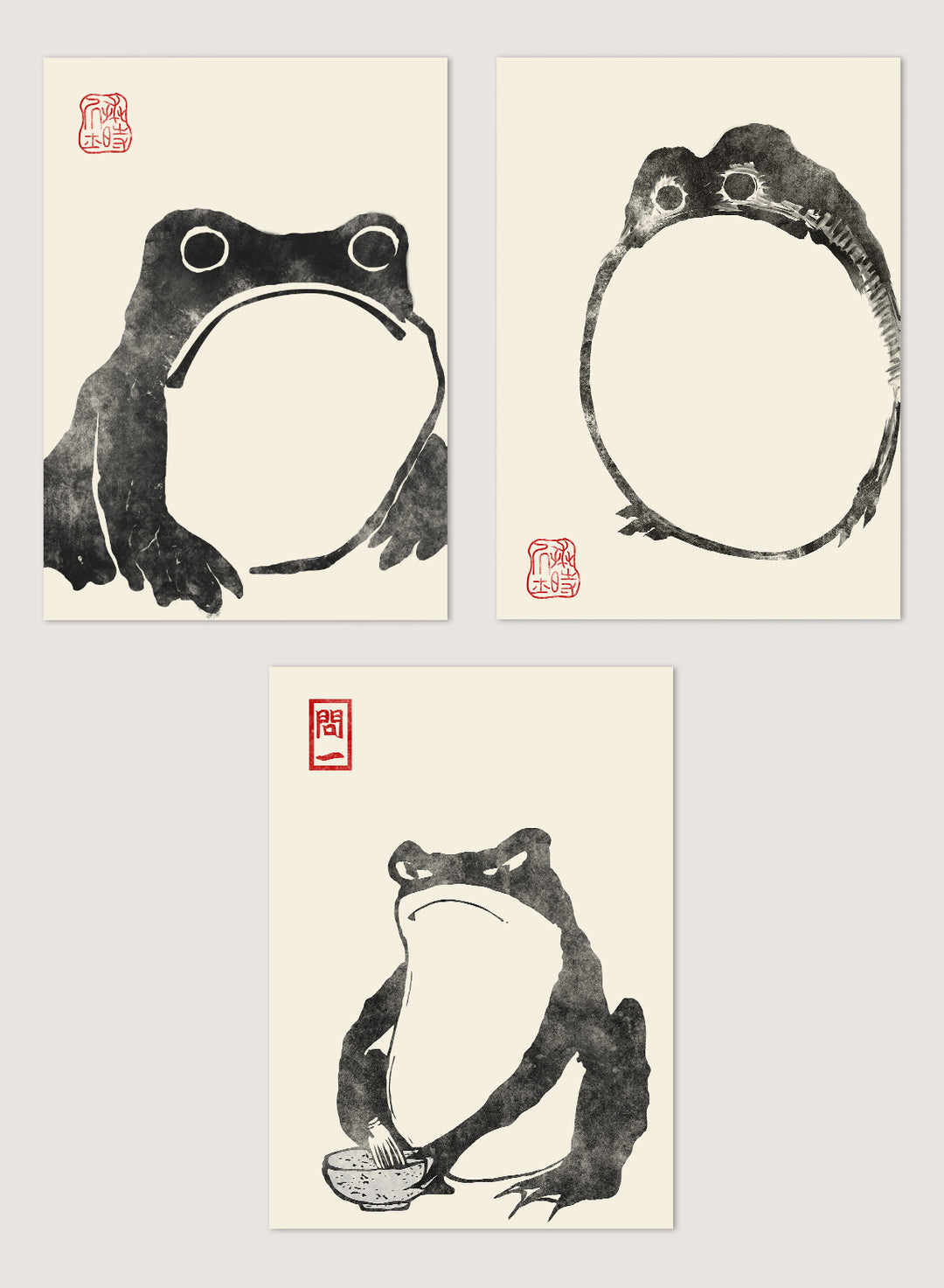 Matsumoto Hoji Japanese Frogs (Black) Set of 3 Art Prints