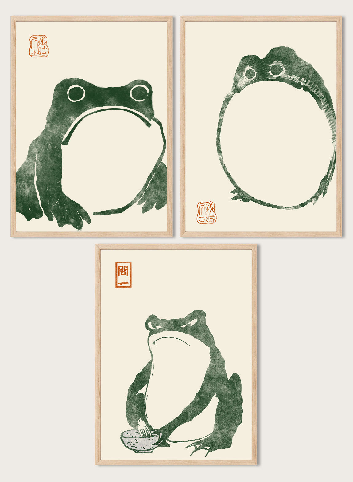 リンゴジケン / Handmade ART Japanese Frog Matsumoto Hoji 松本奉時 Toad Set of 3 Woodblock Art