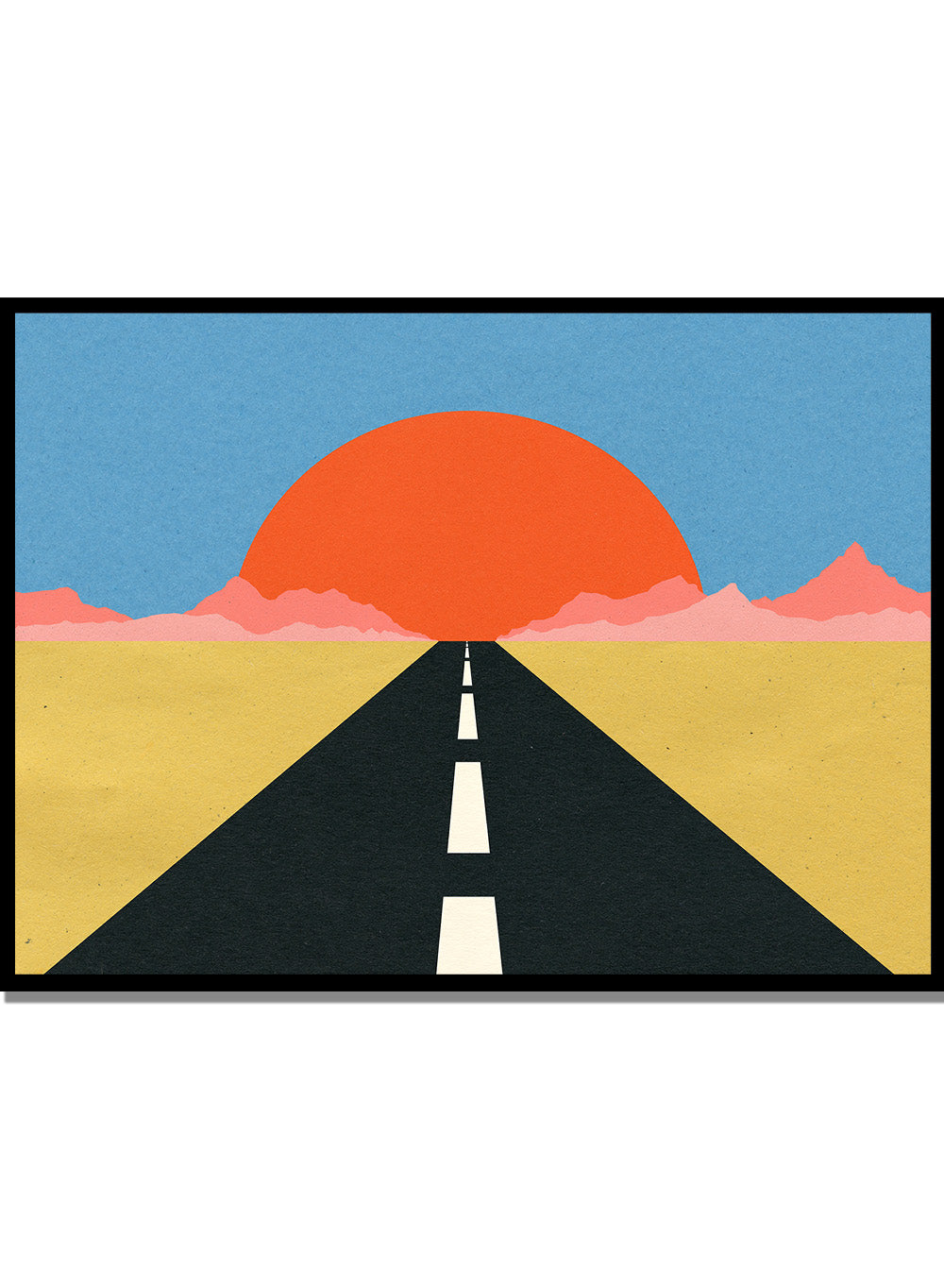 Simplified illustration of a road leading to a large red sun in a blue sky. Road To Sun by Rosi Feist is a modern landscape art print featuring a minimalist desert road, bold sunset colors, and contemporary graphic poster design.
