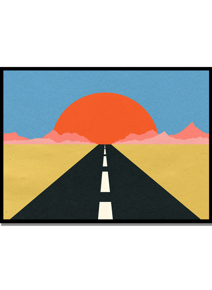 Simplified illustration of a road leading to a large red sun in a blue sky. Road To Sun by Rosi Feist is a modern landscape art print featuring a minimalist desert road, bold sunset colors, and contemporary graphic poster design.