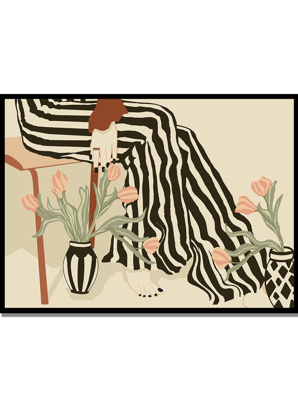 Artistic depiction of a person with striped pants sitting on a chair with floral arrangements. Tulips By My Feet by Sannel Larson is a modern minimalist art print with woman in striped pants and soft tulips. Officially licensed wall poster with framing.