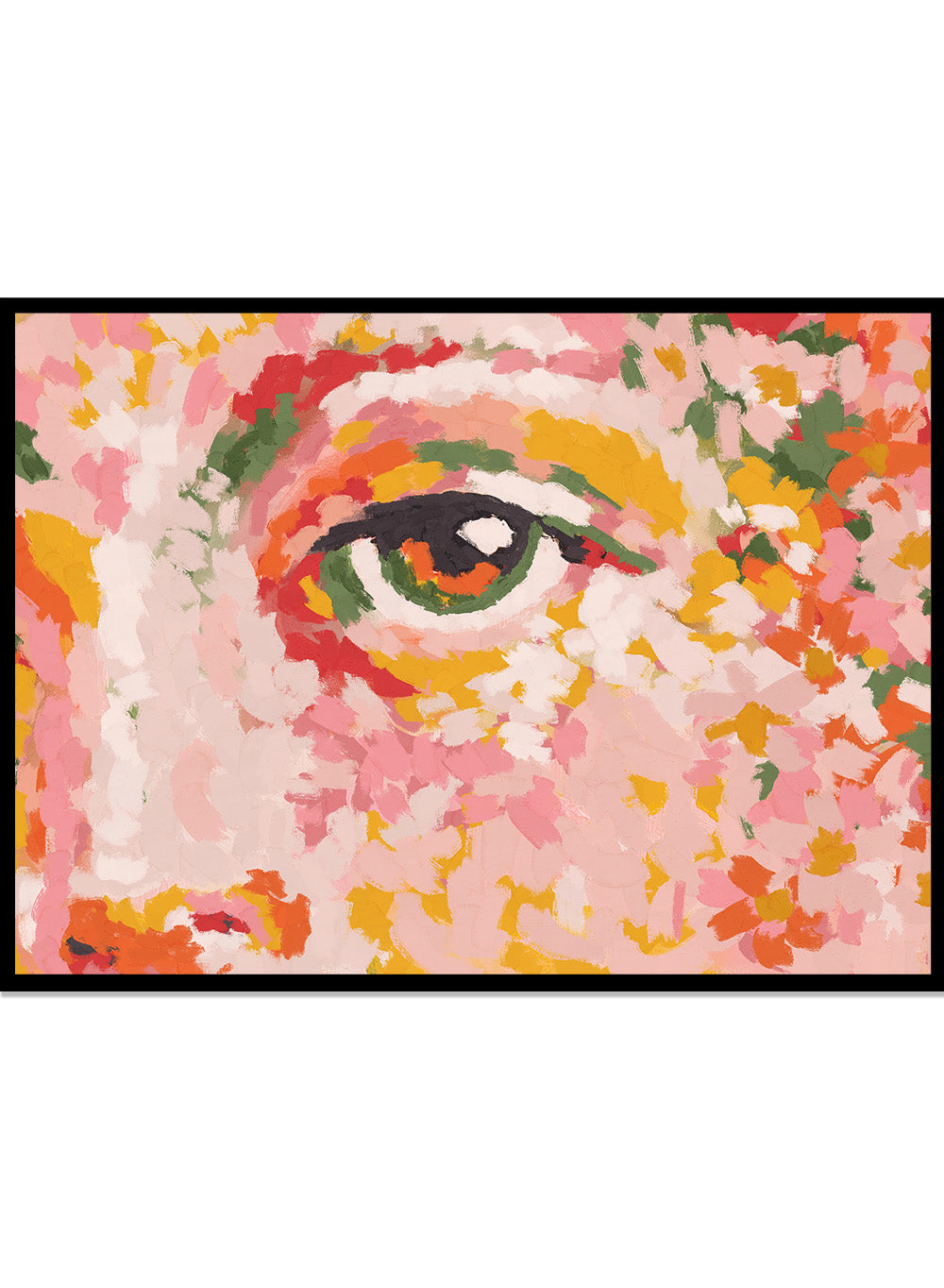 Colorful abstract painting of a face with a prominent eye. Wild Attention by Treechild is a colorful portrait illustration art print featuring expressive eye detail, bold brushstrokes, and contemporary wall art style.