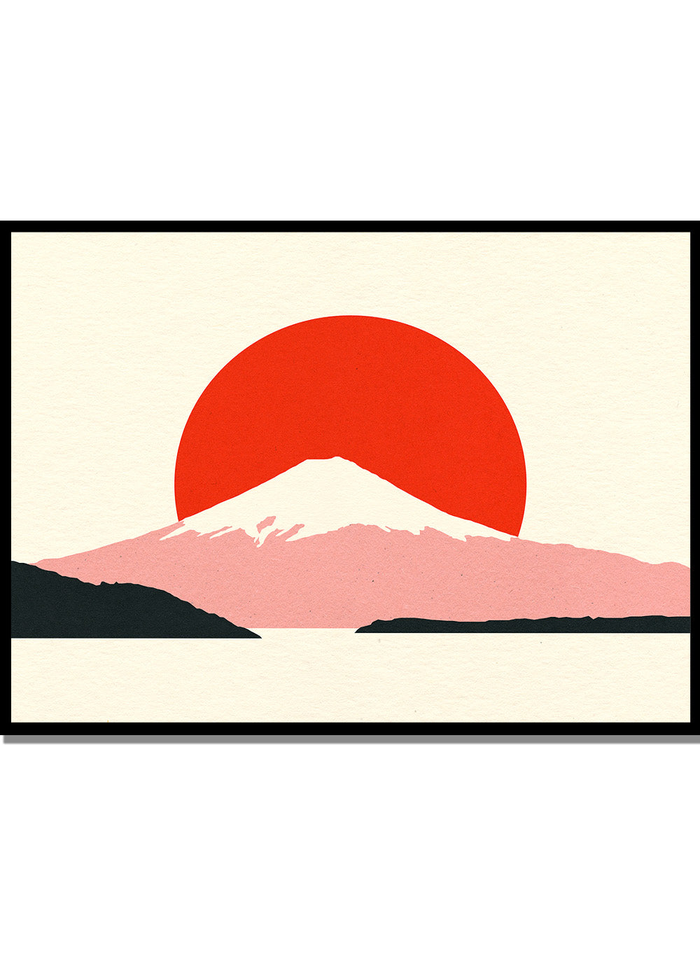 Framed artwork of a mountain with a red sun on a beige background. Fuji Sun by Rosi Feist is a modern Japanese landscape art print featuring Mount Fuji, a bold red sun, and minimalist contemporary poster design.