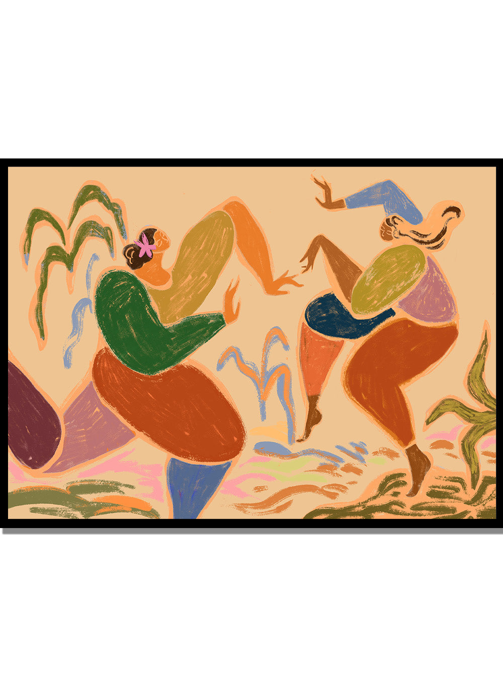 Colorful abstract artwork of two figures in a natural setting. Sisters of the Rhythm by Arty Guava is a modern wall art print of two women dancing. Bold color, expressive figures, officially licensed poster.