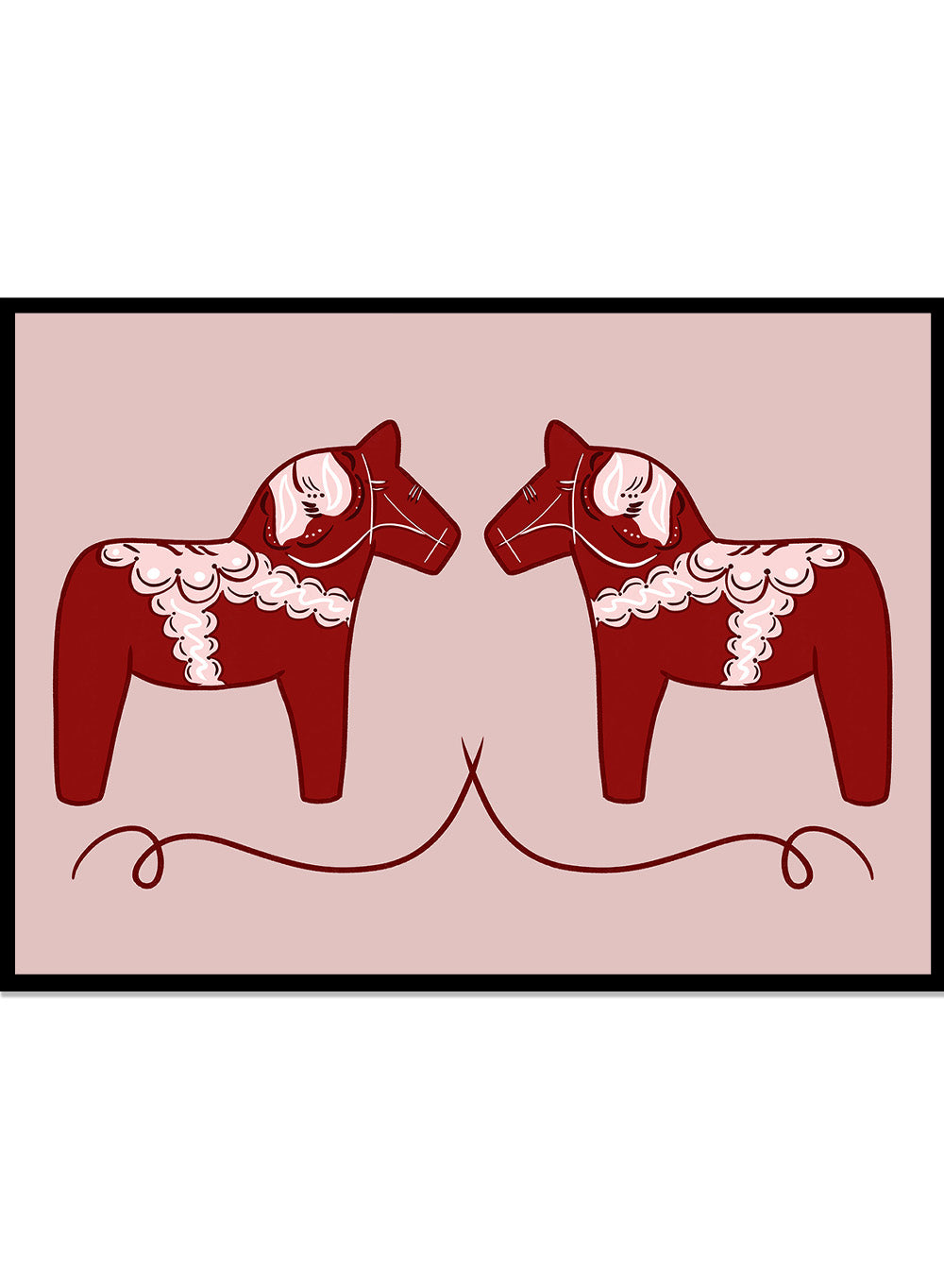 Two red Dala horse figures with white patterns on a pink background. Nordic Horses Twins by Athene Fritsch is a Scandinavian folk art illustration art print featuring Swedish Dala horses, bold red color, and modern wall art design.