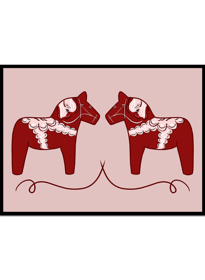 Two red Dala horse figures with white patterns on a pink background. Nordic Horses Twins by Athene Fritsch is a Scandinavian folk art illustration art print featuring Swedish Dala horses, bold red color, and modern wall art design.