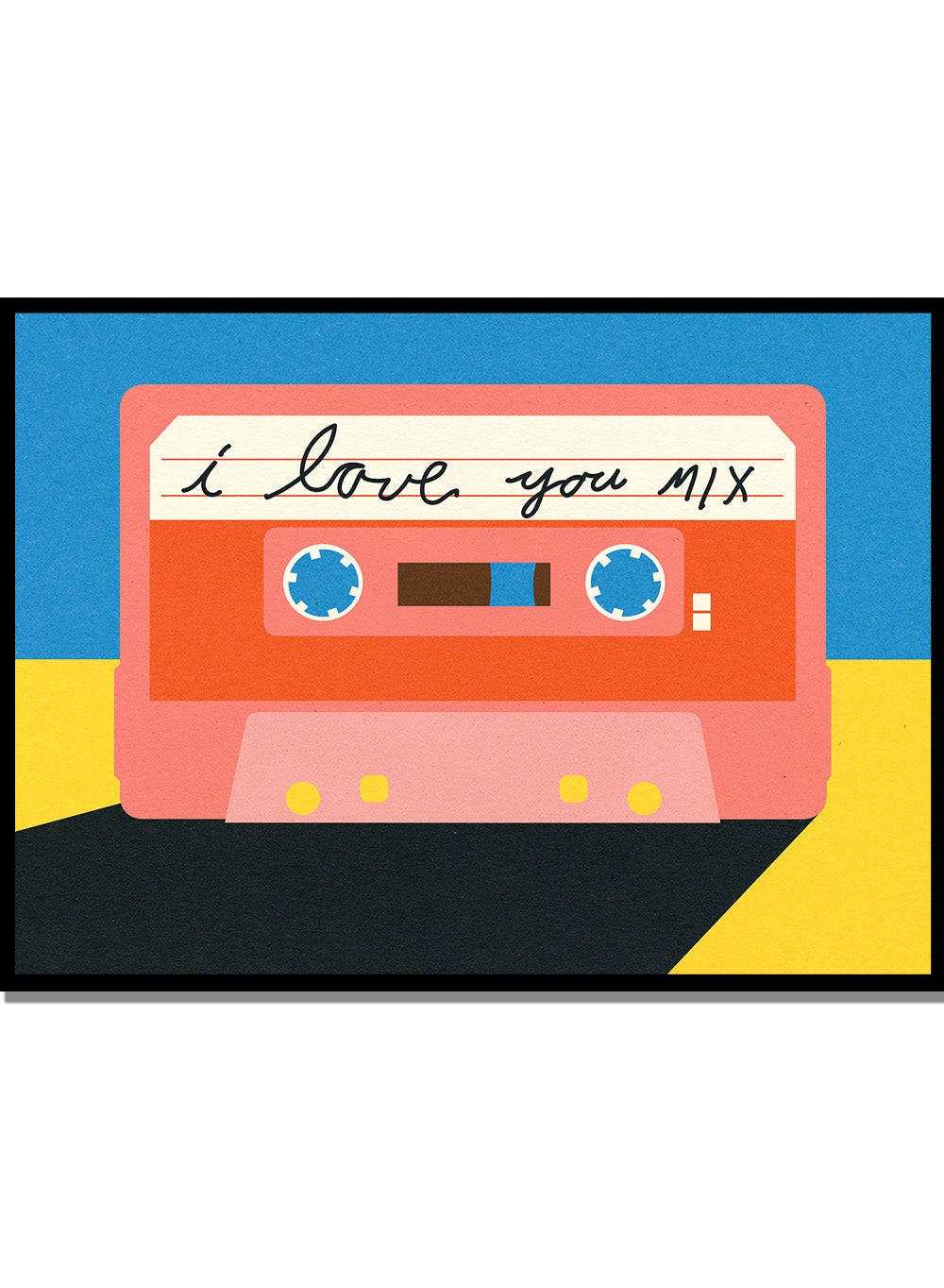 Illustration of a cassette tape with 'I love you mix' text on a blue and yellow background. I Love You Mix Tape by Rosi Feist is a bold pop art print of a retro cassette with a handwritten love note. Officially licensed wall poster with framing.