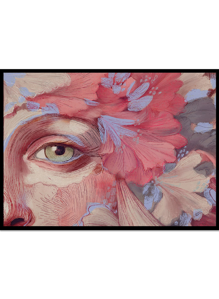 Artistic depiction of a face with flowers and an eye, using a color palette of reds, pinks, and browns. Floral Reverie No.01 by Treechild is a floral portrait illustration art print featuring expressive face detail, layered flowers, and contemporary wall art style.