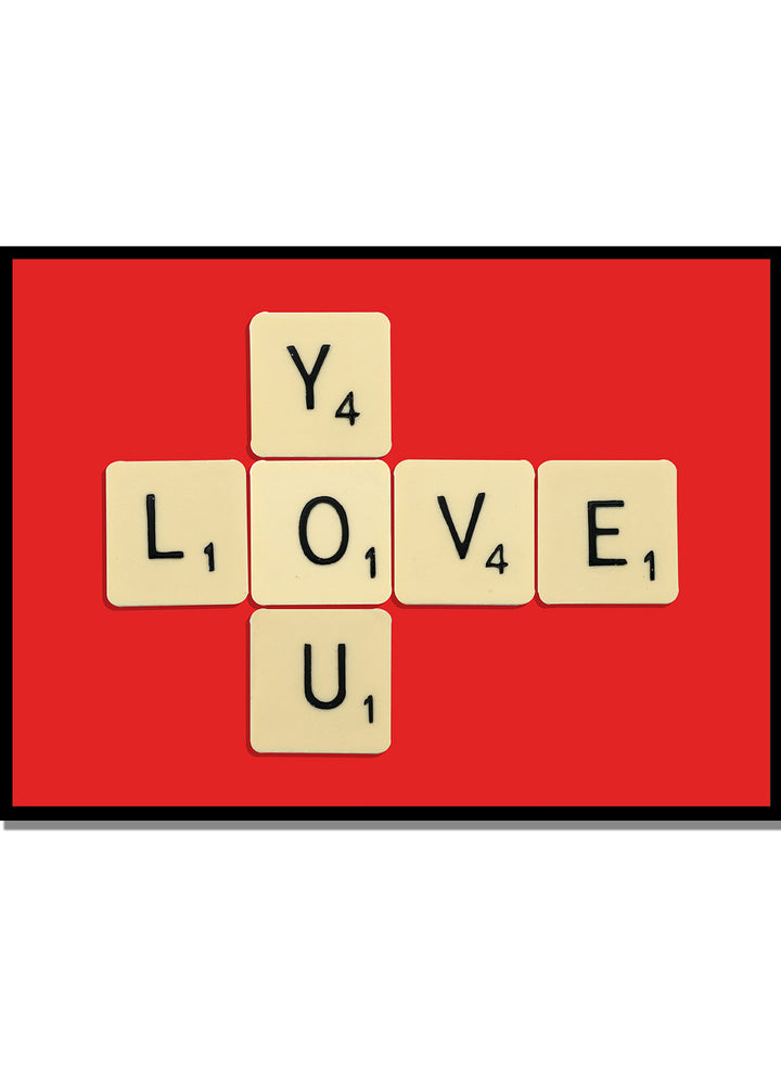 Scrabble tiles spelling LOVE YOU on a red background. Love You by Florent Bodart is a playful crossword-style art print featuring letter tiles spelling LOVE YOU on a red background. Retro typography wall poster with optional framing.