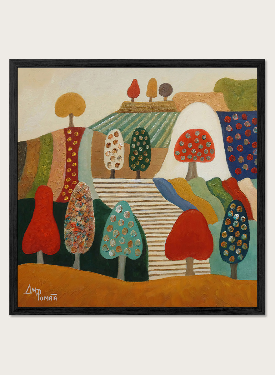 A framed abstract landscape painting featuring stylized trees, hills, and geometric shapes in red, blue, green, yellow, beige, and brown tones. Shop Whimsical Tree Landscape by Angeles M. Pomata, a colorful landscape art print featuring patterned trees, patchwork hills, and warm autumn tones.