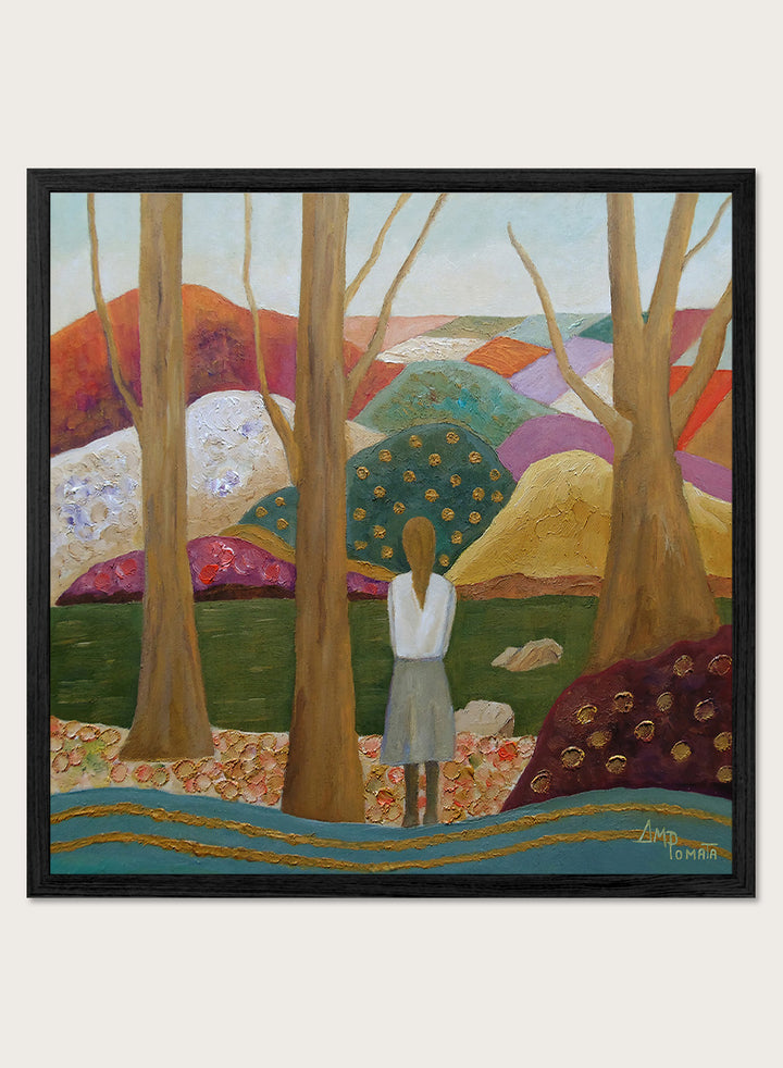 A framed landscape painting featuring a woman standing among tall trees, looking over a patchwork field of hills in earthy tones of green, purple, orange, and beige. Shop Woman Among Vibrant Hills by Angeles M. Pomata, a colorful landscape and portrait art print featuring a woman, rolling hills, trees, and earthy tones.