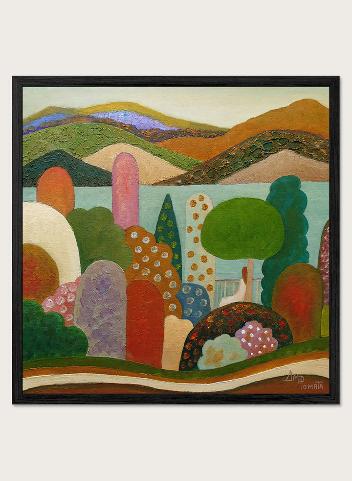 A framed landscape painting featuring stylized hills, trees, and abstract shapes in earthy tones of green, brown, orange, red, blue, and purple. Shop Vibrant Whimsical Landscape by Angeles M. Pomata, a colorful landscape art print with layered hills, patterned trees, and a soft dreamlike feel.
