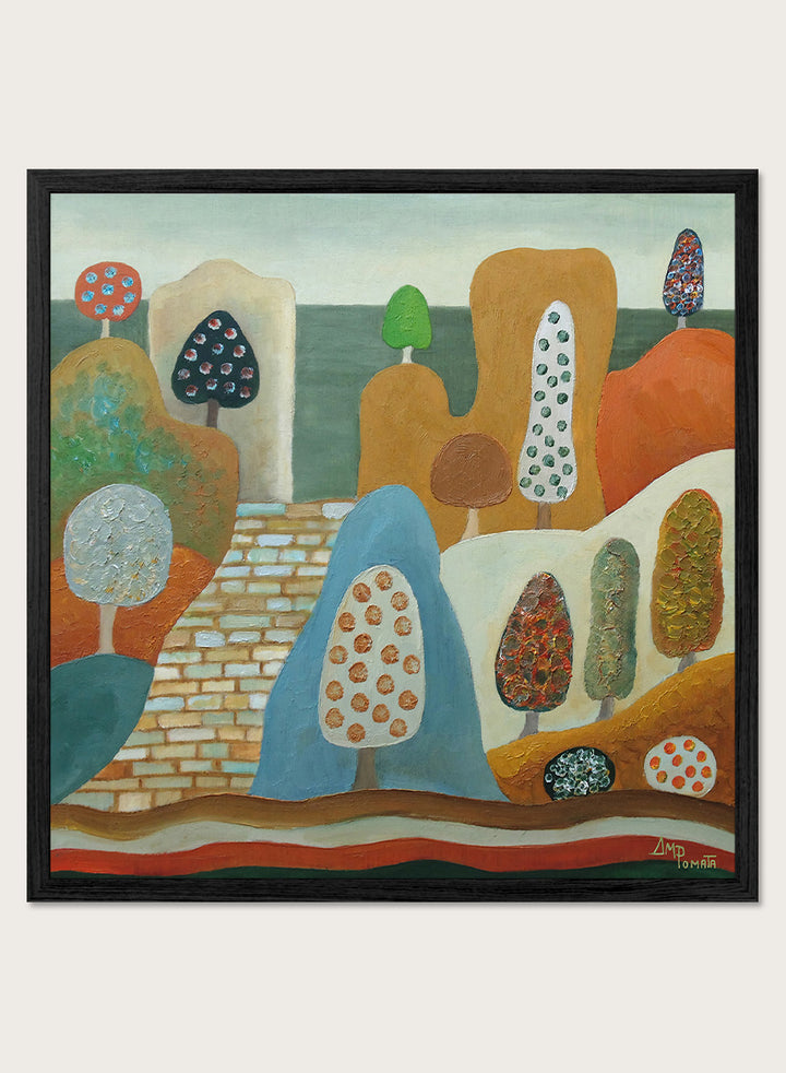 A framed abstract landscape painting featuring stylized trees, hills, and geometric forms in earthy tones of orange, blue, beige, green, and brown. Shop Whimsical Tree Landscape by Angeles M. Pomata, a colorful landscape art print featuring patterned trees, rounded hills, and a winding stone path.