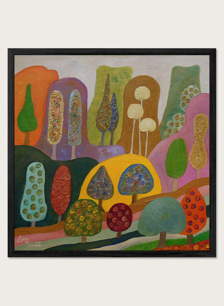 A framed abstract landscape painting featuring stylized trees and hills in a colorful, textured expressionist style. Shop Whimsical Colorful Trees by Angeles M. Pomata, a playful landscape art print featuring stylized trees, rolling hills, rich texture, and bold color.