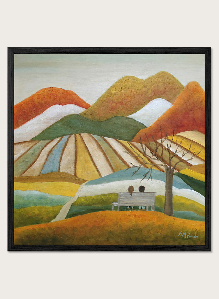 A framed landscape painting featuring stylized mountains, striped fields, a bench with two figures, and a bare tree. Shop Couple On Autumn Bench by Angeles M. Pomata, an autumn landscape and figurative art print featuring a seated couple, rolling hills, patchwork fields, and warm fall tones.