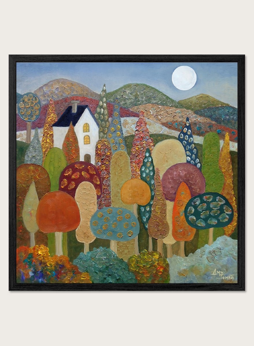 A framed folk-art style landscape painting featuring stylized mushrooms, trees, hills, a small house, and a full moon. Shop Whimsical Moonlit Landscape by Angeles M. Pomata, a colorful autumn landscape art print featuring a white house, full moon, rolling hills, and stylized trees.