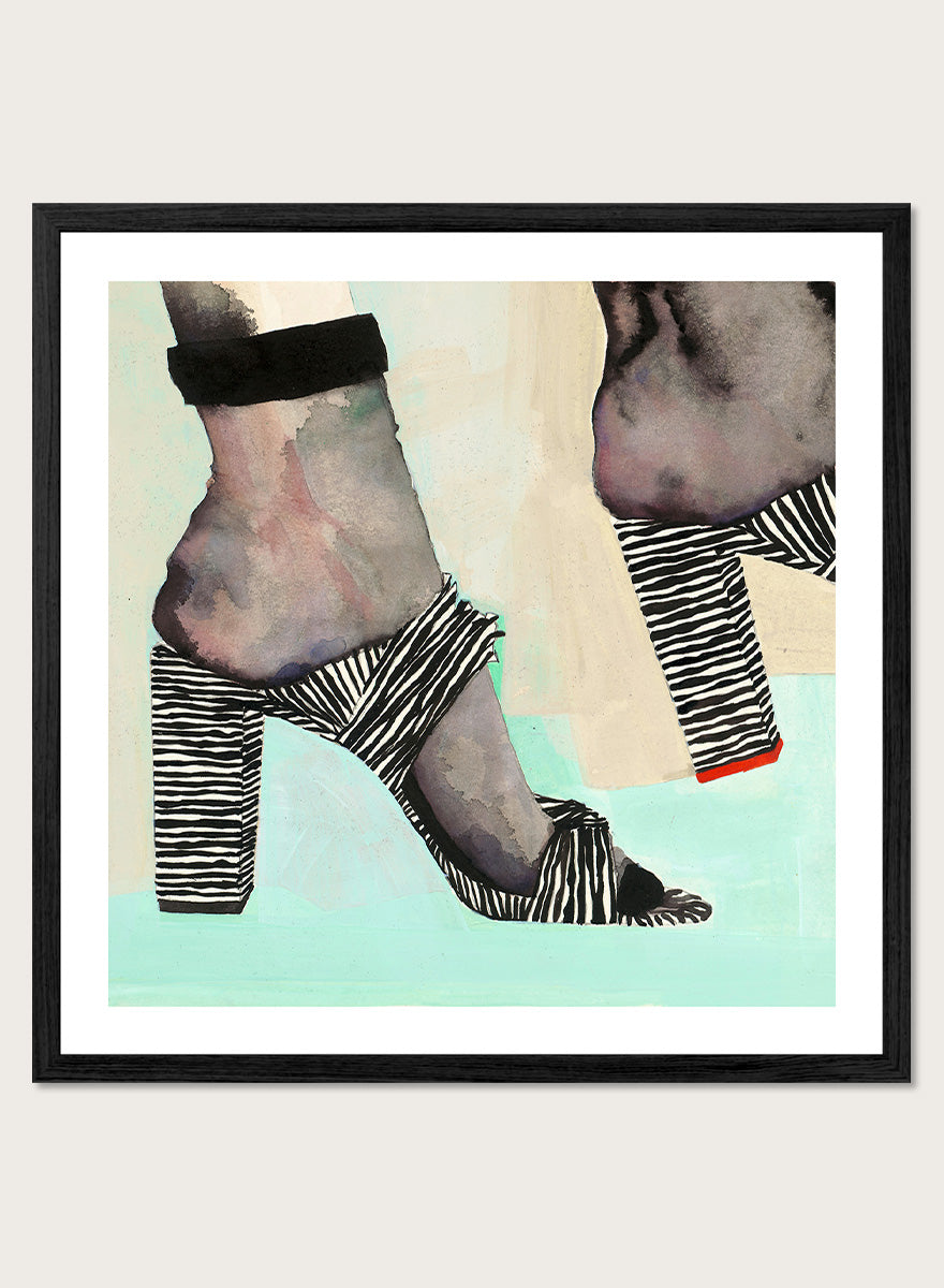 Shop Chic Zebra Heels by Sophia Novosel, a modern fashion wall art print poster featuring zebra-striped heels, bold black-and-white pattern, and a stylish cropped view.