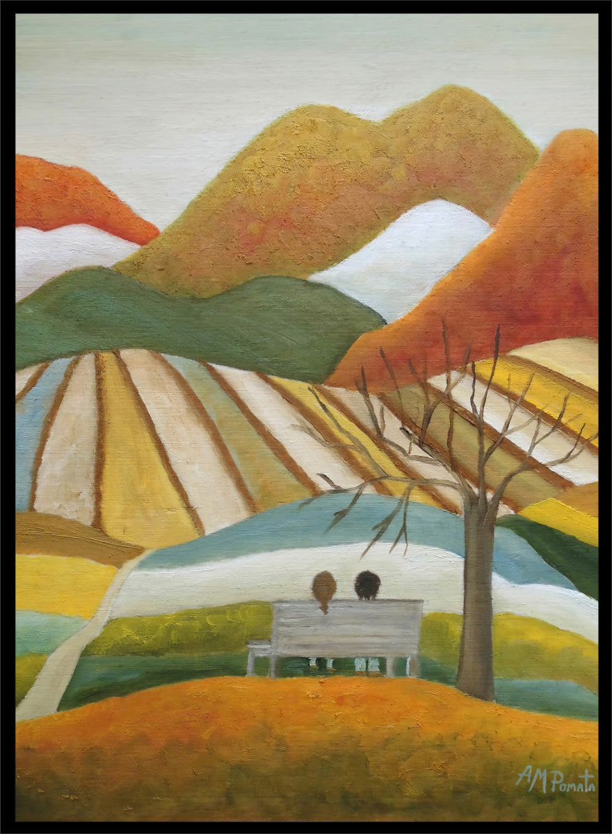 A stylized landscape painting with layered mountains, terraced fields, a bare tree, and two small figures seated on a bench in the foreground. Shop Couple On Autumn Bench by Angeles M. Pomata, an autumn landscape and figurative art print featuring a seated couple, rolling hills, patchwork fields, and warm fall tones.