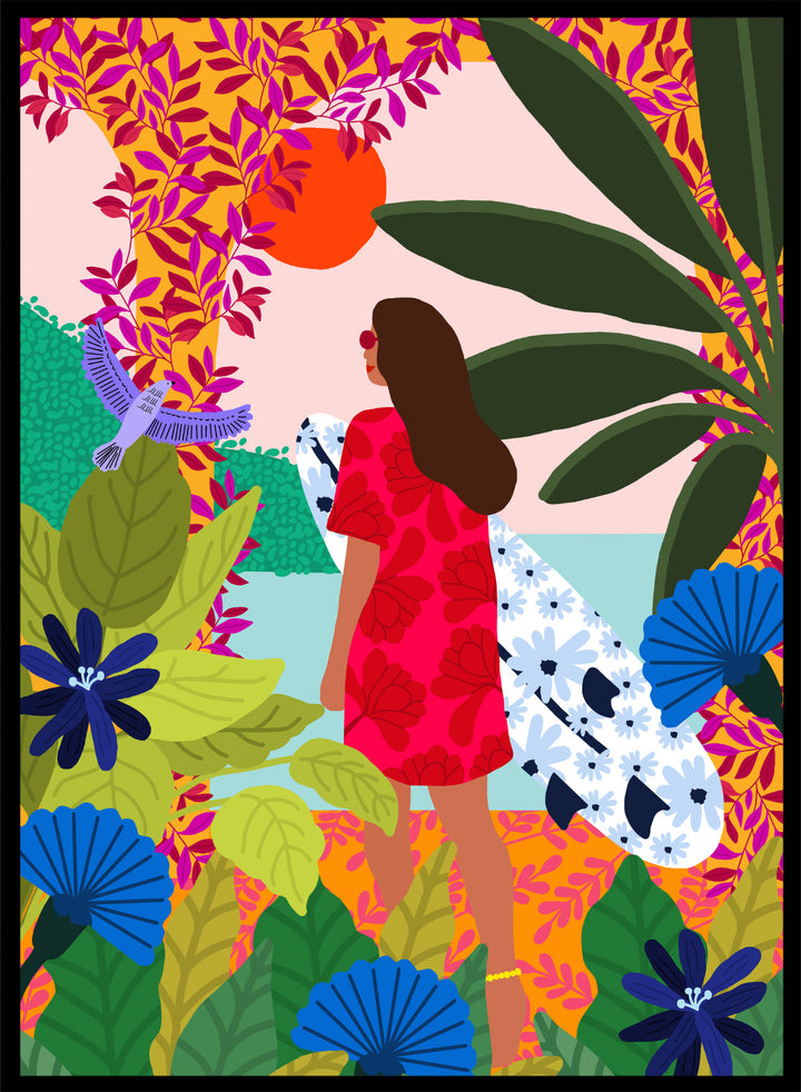 Woman in a red dress with a white surfboard amidst tropical foliage and flowers. Going Surfing by Rafaela Mascaro is a colorful tropical art print featuring a surfer, lush botanicals, vibrant florals, and sunny coastal inspiration.