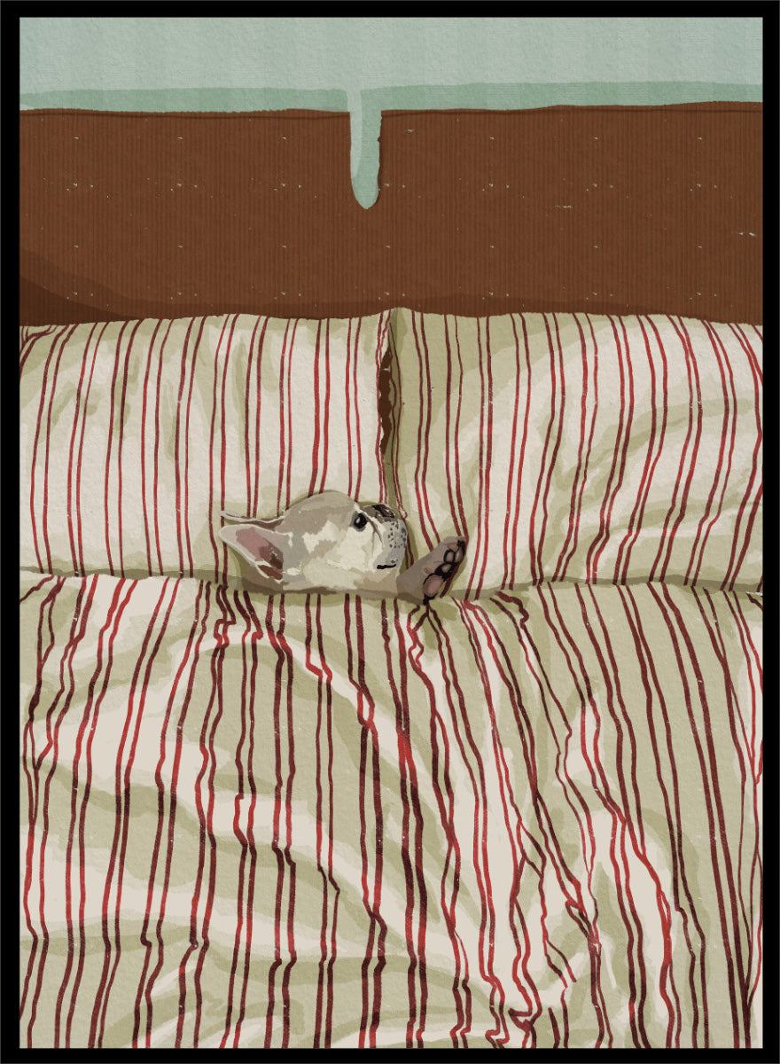 A cozy bed setup with beige and red striped bedding, two matching pillows, and a small gray cat curled up on the duvet. The background features a brown textured headboard and a mint green wall at the top. Shop Cozy Dog in Bed by Lisa Solomoniuk, a playful dog animal art print featuring a pup tucked into striped bedding with a warm, cozy bedroom feel.