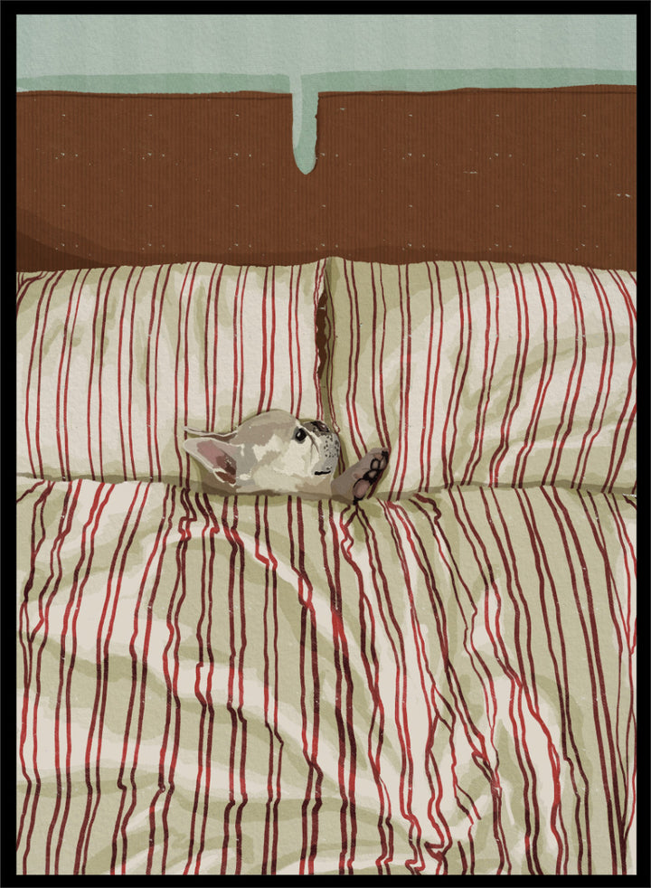 A cozy bed setup with beige and red striped bedding, two matching pillows, and a small gray cat curled up on the duvet. The background features a brown textured headboard and a mint green wall at the top. Shop Cozy Dog in Bed by Lisa Solomoniuk, a playful dog animal art print featuring a pup tucked into striped bedding with a warm, cozy bedroom feel.