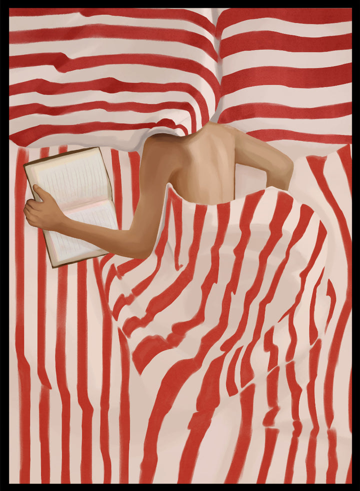 Between the Lines by Flow Line art print shows a woman reading in bed wrapped in red striped bedding. A modern lifestyle wall poster inspired by slow evenings.