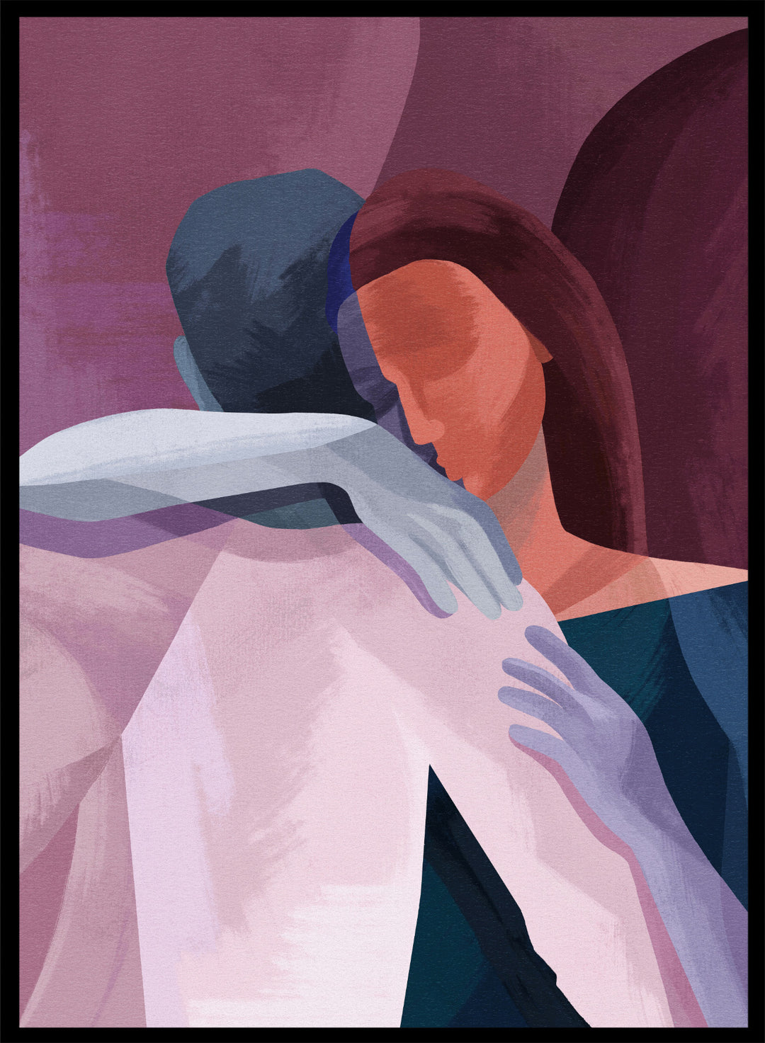 Artistic illustration of two people embracing with abstract background. In This Together by Goed Blauw is a modern abstract figure art print and wall poster featuring two people in an intimate embrace with layered soft colors.