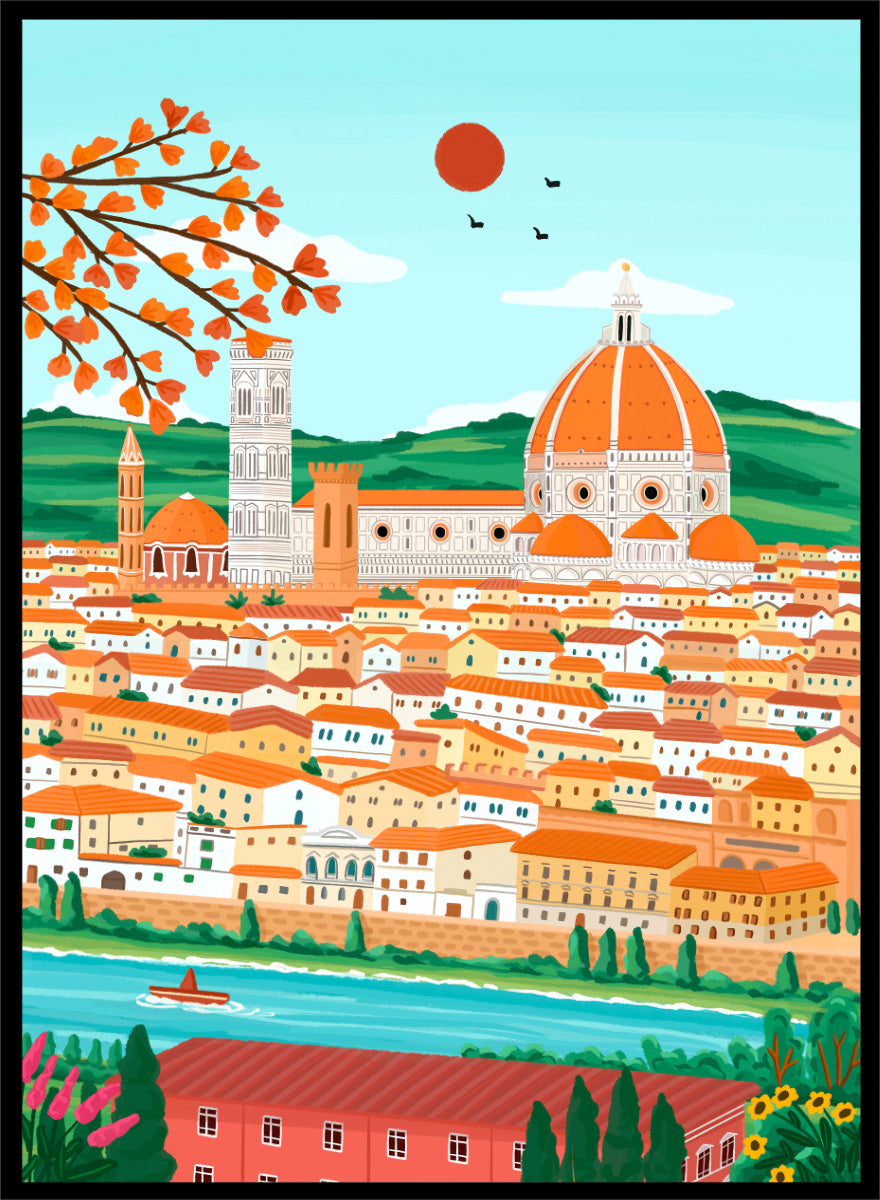 A colorful illustrated cityscape of Florence with the famous dome, towers, clustered buildings, a river, trees, and a red sun in the sky. Shop Florence Autumn Glow by Nidhi Kachhadiya, a colorful Florence wall art print featuring the Duomo, terracotta rooftops, autumn leaves, and warm orange tones.
