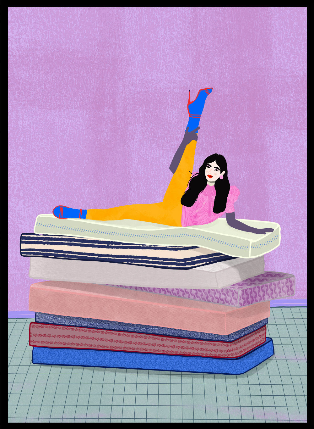 Illustration of a person sitting on a stack of books with one arm raised against a purple background. Mattress Ballet by Jota De Jai is a playful modern fine art print of a woman balancing on stacked mattresses. Available unframed or framed in real wood.