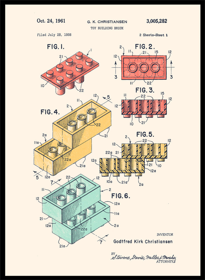 Toy building brick patent illustration with labeled figures on a white background. Historic Building Brick Patent by Florent Bodart is a vintage patent art print featuring toy brick diagrams, a technical drawing wall poster with retro industrial style.