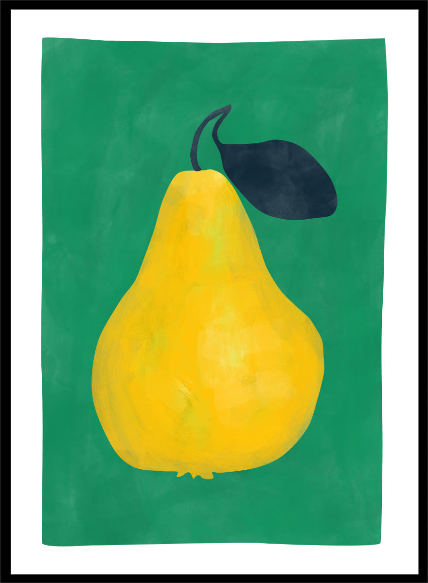 Shop Vibrant Yellow Pear by Elena Ristova, a colorful fruit wall art print poster featuring an oversized yellow pear, dark leaf, and rich green background.