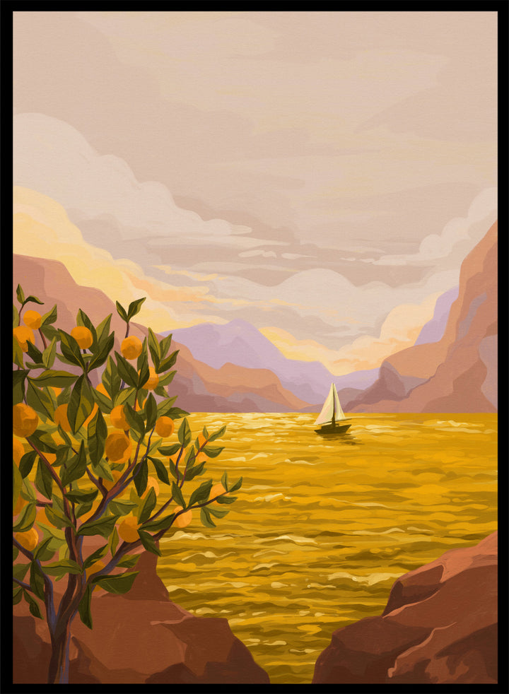 Sailing boat on a yellow sea with mountains and lemon tree in the foreground. Golden Sunset by Goed Blauw is a coastal art print and wall poster featuring a sailboat on a glowing ocean with cliffs and an orange tree.
