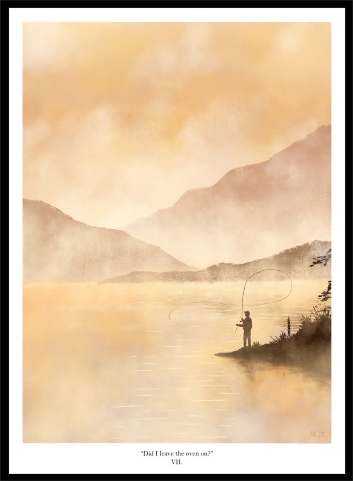 A framed art print featuring a serene landscape painting of a fisherman casting a line on a misty lake with mountains in the background, rendered in warm golden and beige tones. Shop Misty Lake Fisherman by Jake Waldron, a minimalist fishing wall art print featuring a lone angler, mountain lake, golden mist, and outdoor adventure.