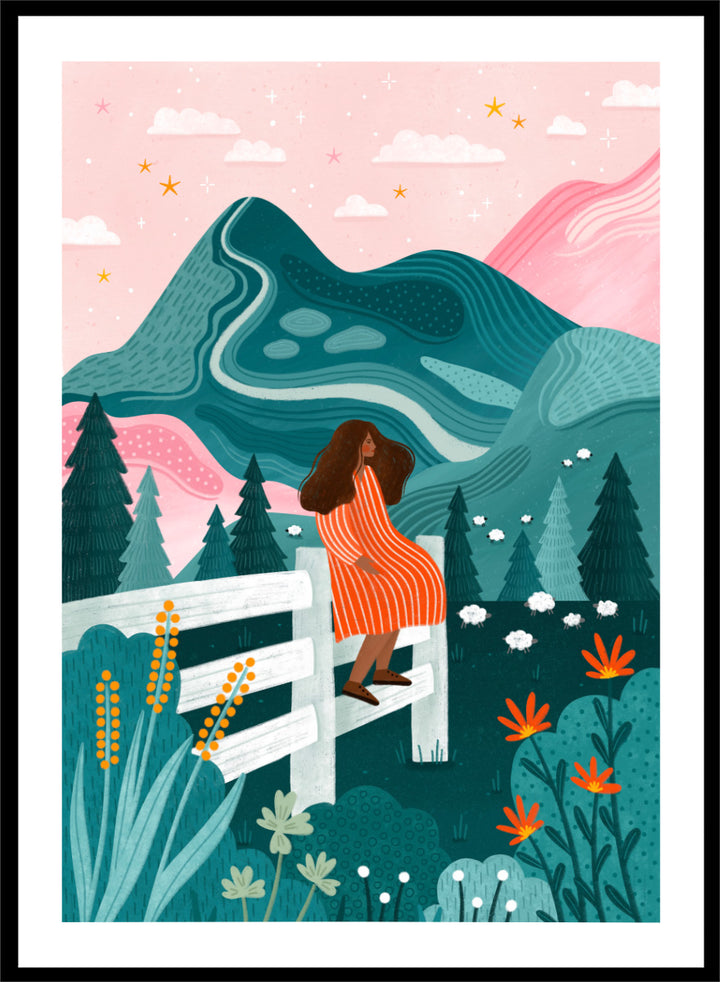 Shop Woman Rural Starry Night by Bea Müller, a figurative landscape wall art print poster featuring a woman, mountain scenery, wildflowers, and a pink starry sky.